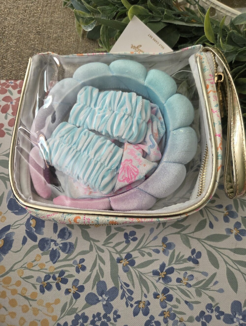 Lilly Pulitzer Pastel Blue Floral Clear Travel Pouch with Face/Hair Accessories